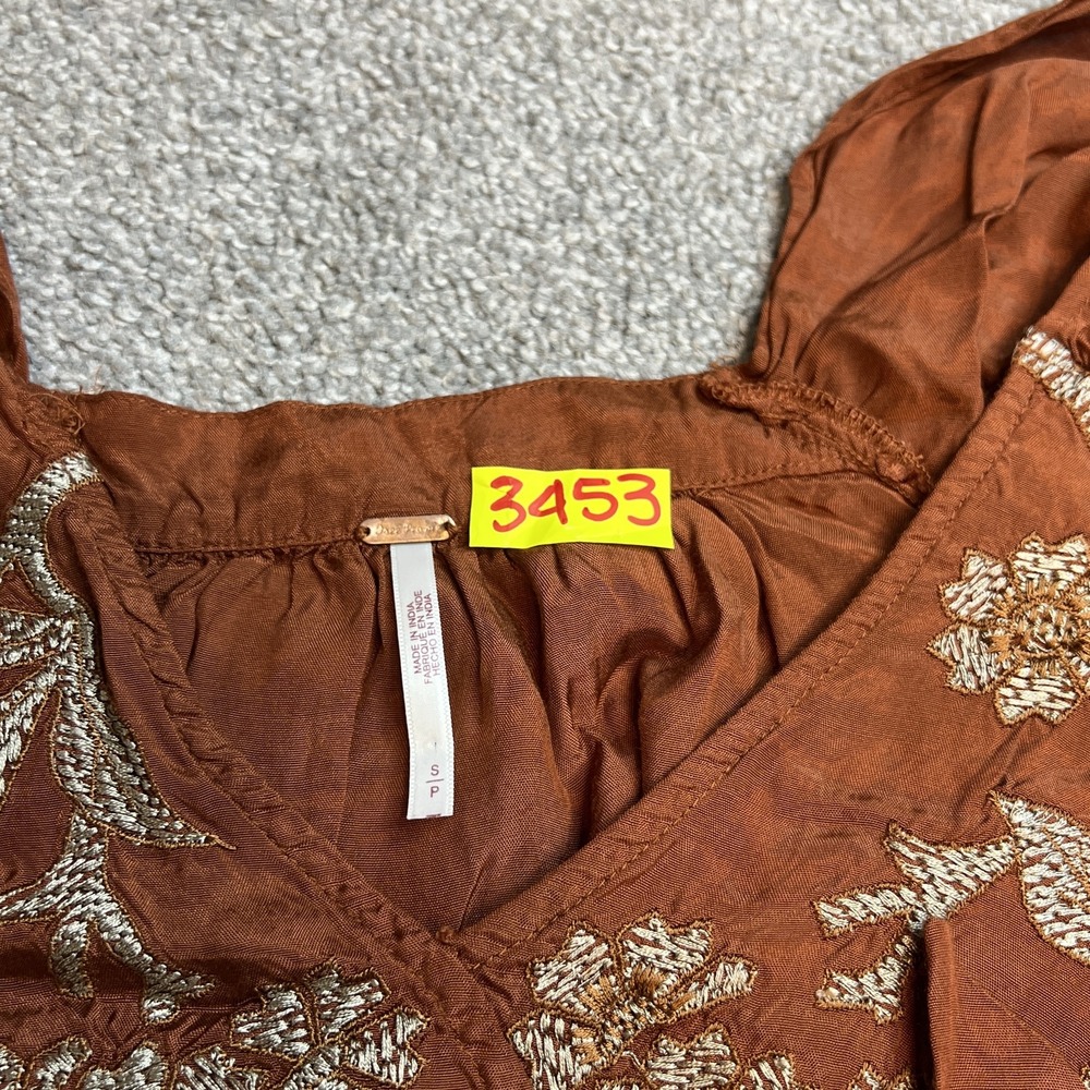 Free People Blouse Womens Small Brown Embroidered Puff Sleeve Boho Top Festival - Picture 4 of 11